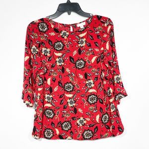 J. Jill Red Floral Printed Blouse 1/2 Sleeve Sz S